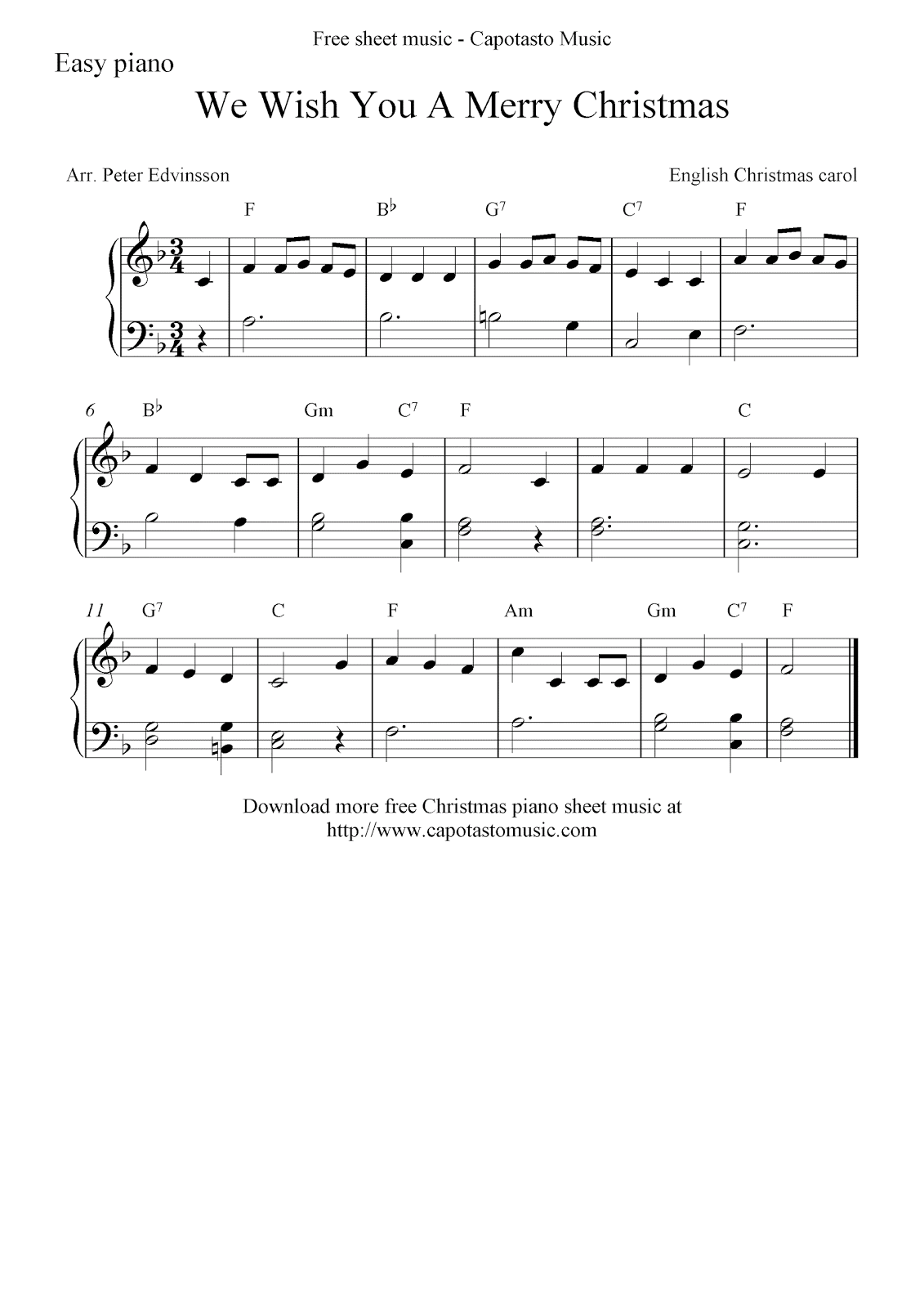 Free Christmas sheet music for easy piano, We Wish You A Merry Christmas