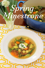 Food Lust People Love: Spring Minestrone is the perfect light meal, with tender young vegetables in a clear broth, topped with crème fraîche. You can, of course, substitute whatever fresh from the garden veggies you have available.