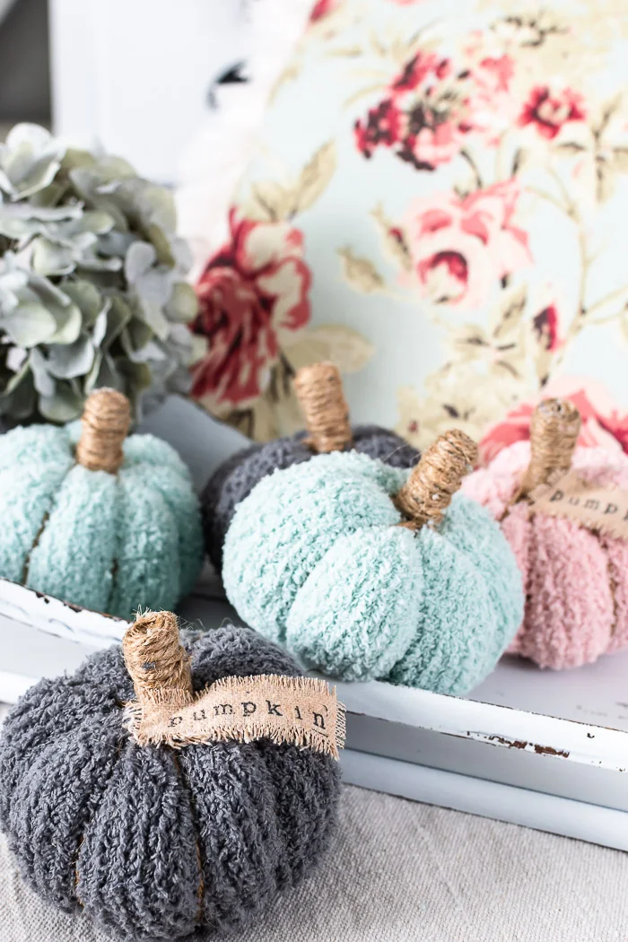 sock pumpkins, white rustic bowl