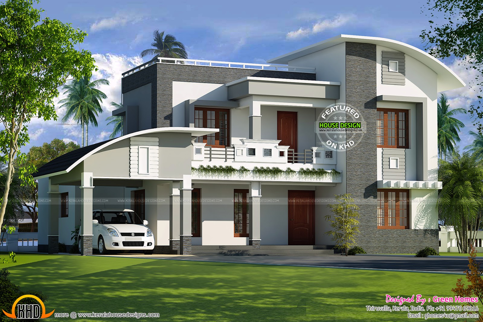  Curved  roof  flat roof  house  plan  Kerala home  design  and 