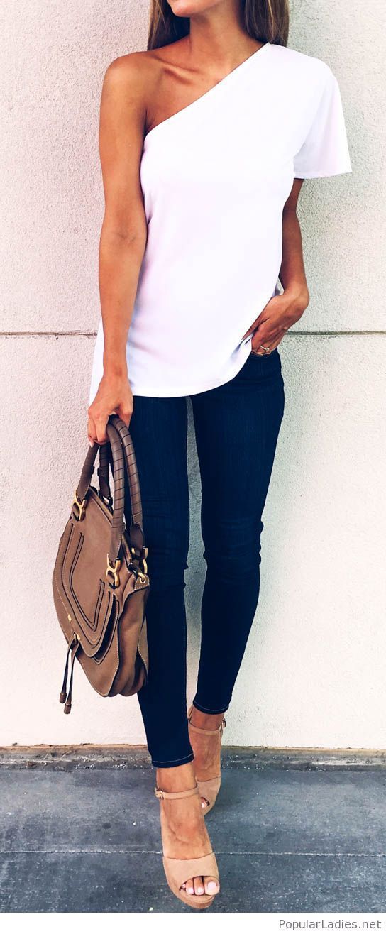 summer casual style outfit idea: top + skinnies + bag + heels