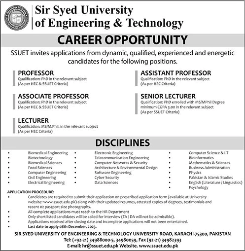 Sir Syed University Of Engineering & Technology Latest jobs advertisement 2023