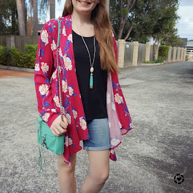 awayfromtheblue instagram | mum style black tee bermuda denim shorts cotton on magenta floral kimono