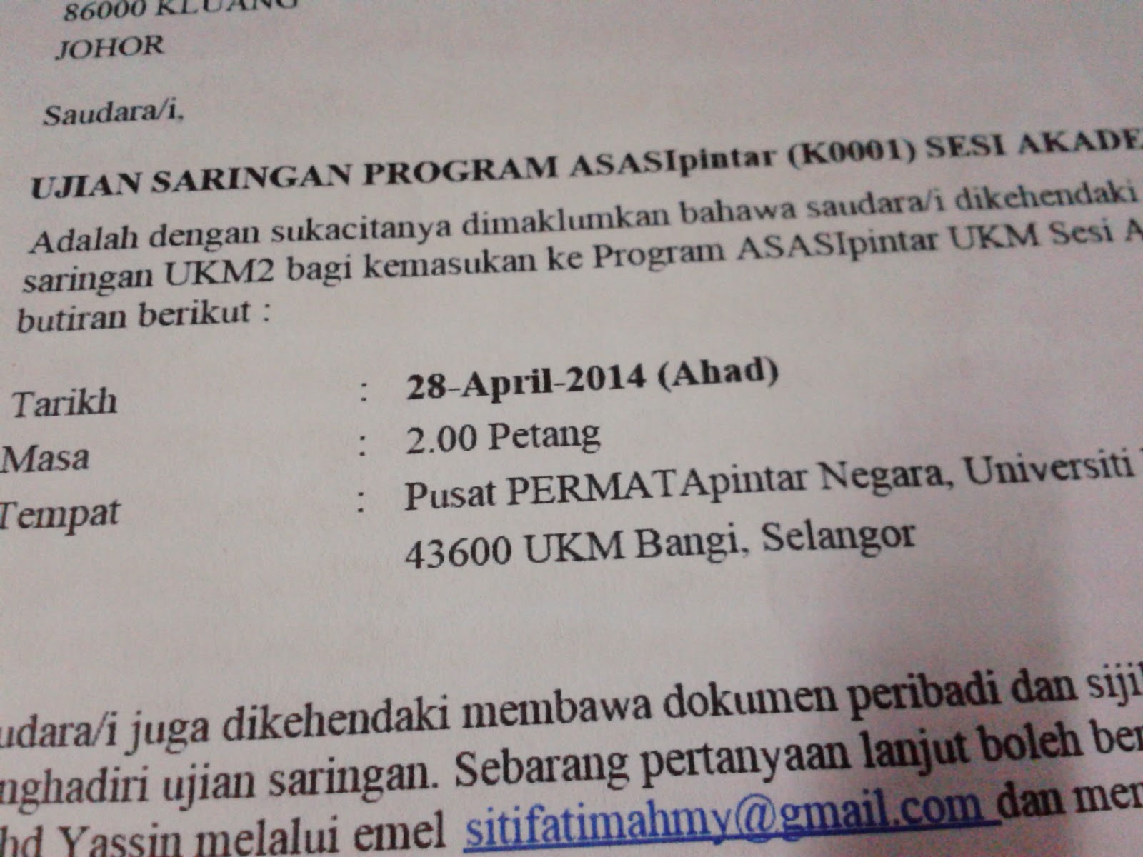 Ujian saringan Program ASASIpintar UKM