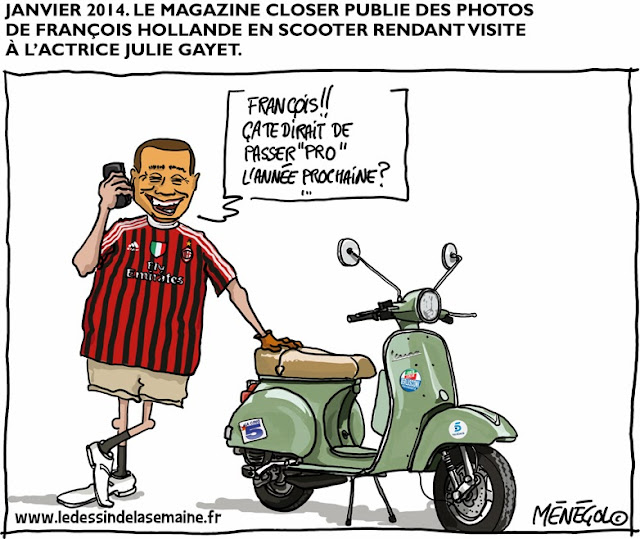 January 2014. Berlusconi calls François Holland after “Closer” magazine published photos of the French President on a scooter visiting actress Julie Gayet. Berlusconi: “François, what about going pro next year?”