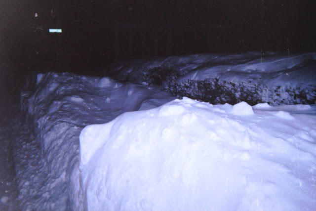 disposable camera, bad exposure, winter, snowfall, snow, winter night, snowbank, nor'easter, uncleared road, nighttime