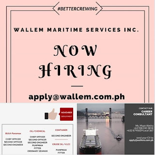 Seaman hiring Filipino crew for NOVEMBER & DECEMBER 2018 DEPLOYMENT work at oil chemical tanker, bulk carrier, container, crude oil tanker ships.