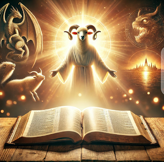 An open Bible with highlighted verses from Revelation, accompanied by symbolic imagery of a golden Lamb, a dragon, a beast, and the New Jerusalem.