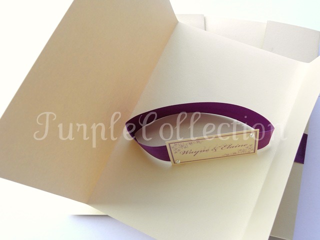 Wayne & Elaine's Wedding Photo Cover, slide off ribbon card, ivory and dark purple, ivory, dark purple, wedding card