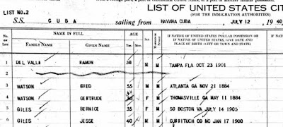 Jesse and Bernice Giles Passenger List from Cuba to Tampa 1940 https://jollettetc.blogspot.com