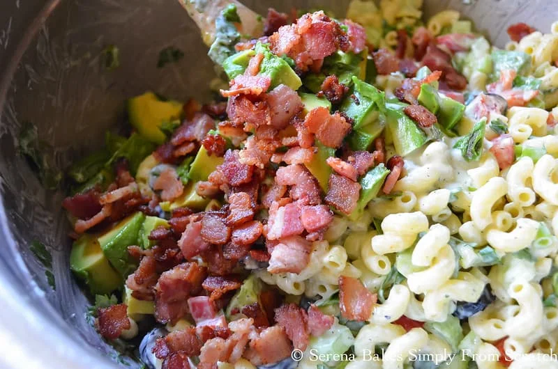 Bacon on top of Creamy Dill Pasta Salad.