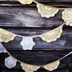 refurbished antique dresser black with vintage doily bunting