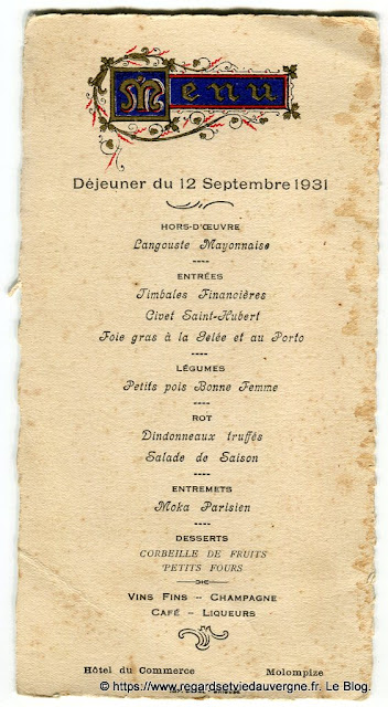 Menu déjeuner Hôtel Du Commerce de Molompize, 1931.