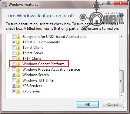 hilangkan tanda centang pada Windows Gadget Platform untuk menonaktifkan gadeget di windows 7 - Cara Mempercepat Kinerja Sistem Operasi Windows 7