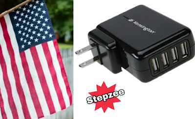 A smartphone charger and American flag