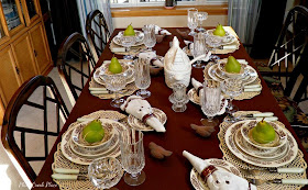 Vintage china, crystal stemware, brown and white tablescape, Fall tablescape, tablescape, 