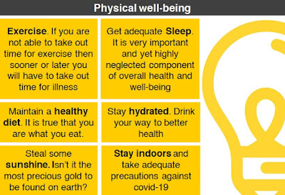 1.	Exercise because if you are not able to take out time for exercise then sooner or later you will have to take out time for illness 2.	Get adequate sleep, which is very important and yet highly neglected component of overall health and well-being. 3.	Maintain a healthy diet. It is true. You are what you eat 4.	Stay hydrated. Drinking water is like taking shower on the inside of your body. It is anyday the best naturl remedy. Drink your way to better health 5.	Steal some fresh air & sunshine afterall isn’t it the most precious gold to be found on earth? 6.	Stay indoors and take adequate precautions against covid-19