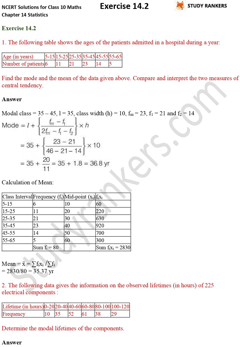 Ncert Solutions For Class 10 Maths Chapter 14 Statistics Exercise 14 2