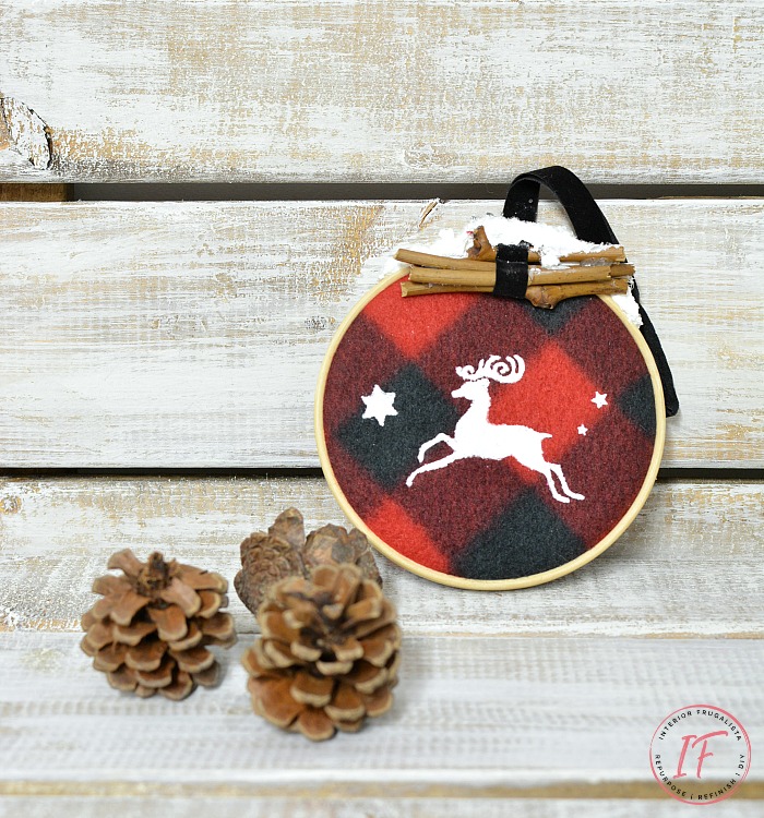 Rustic Snow Capped Buffalo Check Ornaments with a recycled dollar store plaid fleece scarf and small embroidery hoops, budget DIY Christmas decor Idea