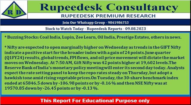 Stock to Watch Today - Rupeedesk Reports - 09.08.2023