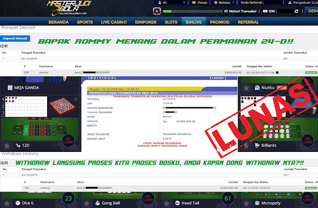 bukti menang bapak rommy dalam permainan 24-d withdraw 15,500,000.00