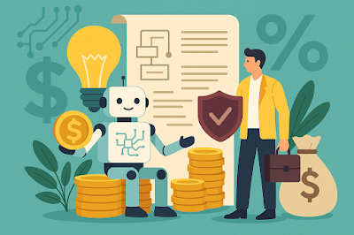 AI 기술을 상징하는 로봇이 금화 위에 앉아 있고, 로봇은 금화를 들고 미소 짓고 있습니다. 옆에는 노란색 재킷을 입은 사람이 방패와 서류 가방을 들고 서 있으며, 뒷배경에는 전구, 회로도, 문서, 달러 기호, 동전 더미, 식물 등이 조화를 이루고 있어 기술 기반 스타트업의 금융 지원과 보증 제도를 상징합니다.