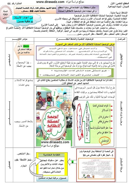 مذكرات الوضعية المشكلة الانطلاقية الام للمقطع 01 في التربية المدنية للسنة  الثالثة ابتدائي الجيل الثاني