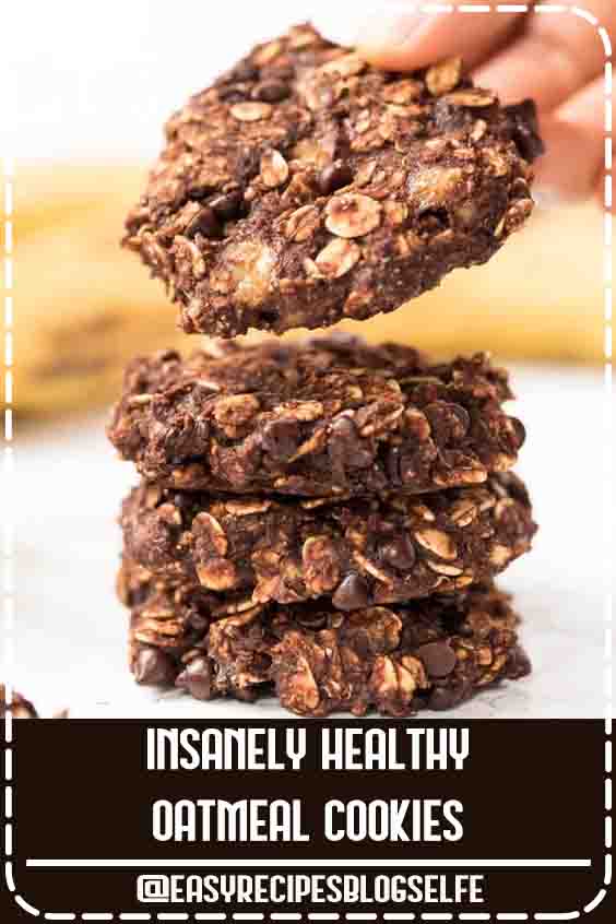 These INSANELY Healthy Oatmeal Cookies are made with just 6 ingredients and have no gluten, dairy, eggs, sugar or oil! Easy homemade recipe that is great for kids or a crowd! #EasyRecipesBlogSelfe #oatmealcookies #healthycookies #vegancookies #glutenfree #chocolatecookies #EasyRecipesHealthy #snacks #forkids