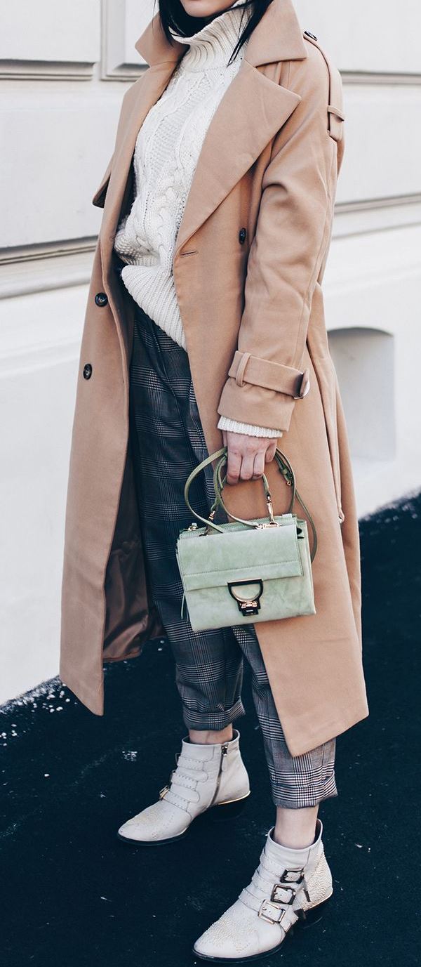beautiful fall outfit / beige coat + plaid pants + bag + boots + sweater