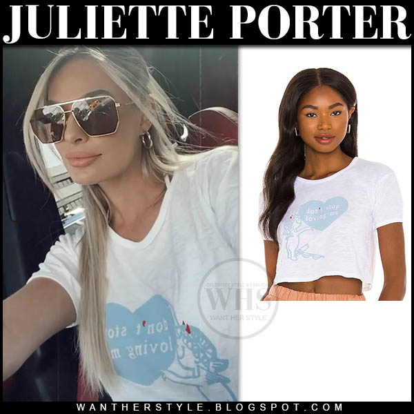 Juliette Porter in white blue heart print tee