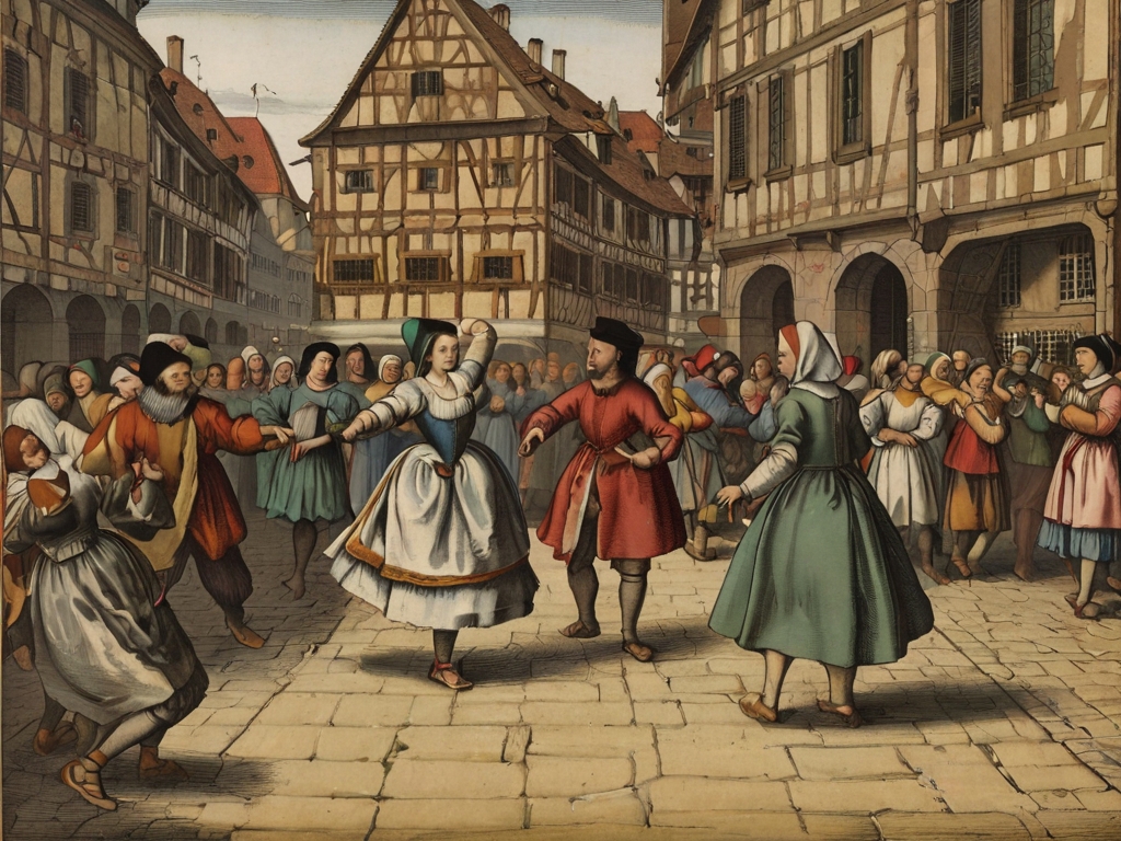 A vintage illustration depicting the Dancing Plague of 1518 in Strasbourg, with people dancing in the streets.