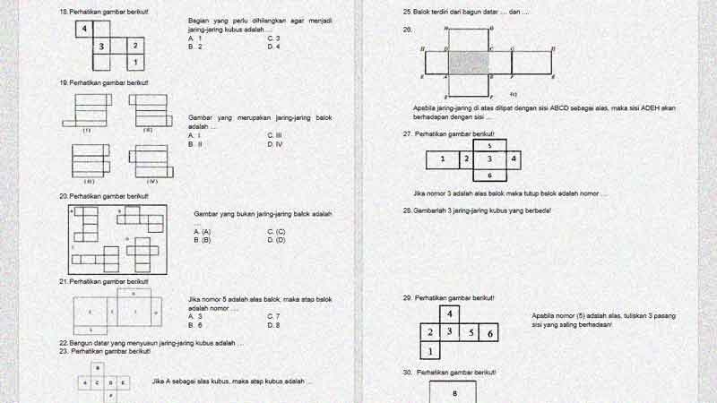 Soal dan Kunci Jawaban PTS Matematika Kelas 5 KD 3.5 Jaring-Jaring Kubus dan Balok