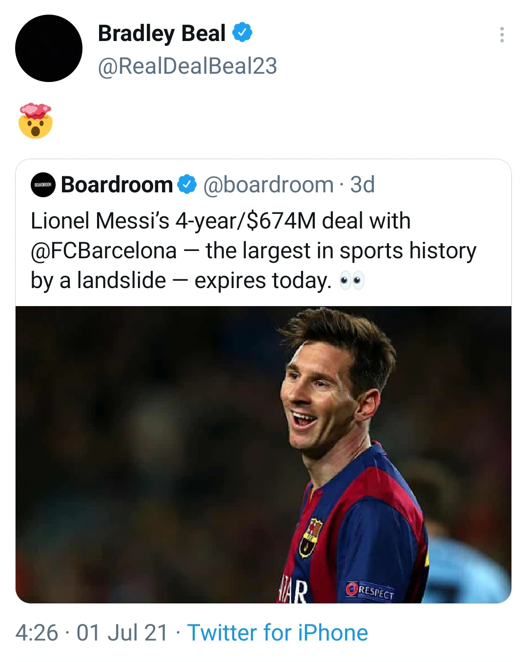 NBA star Bradley Beal stunned by Lionel Messi's massive Barcelona contract