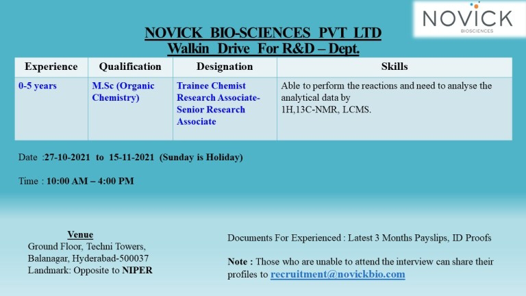 Job Availables,Novick Bio-Sciences Walk-In-Interview For M.Sc (Organic Chemistry)