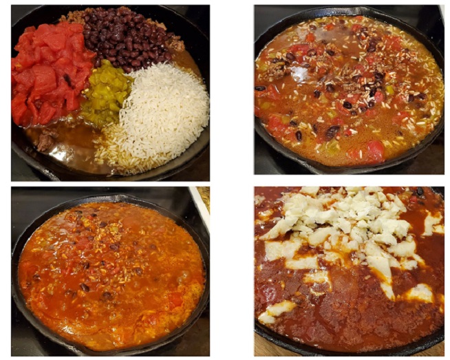 a collage of what goes into a Texa beef skillet the photos are step by step