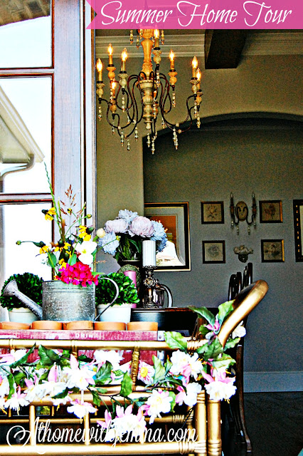 gold tea cart, clay pots, vintage watering can, decorating outdoors