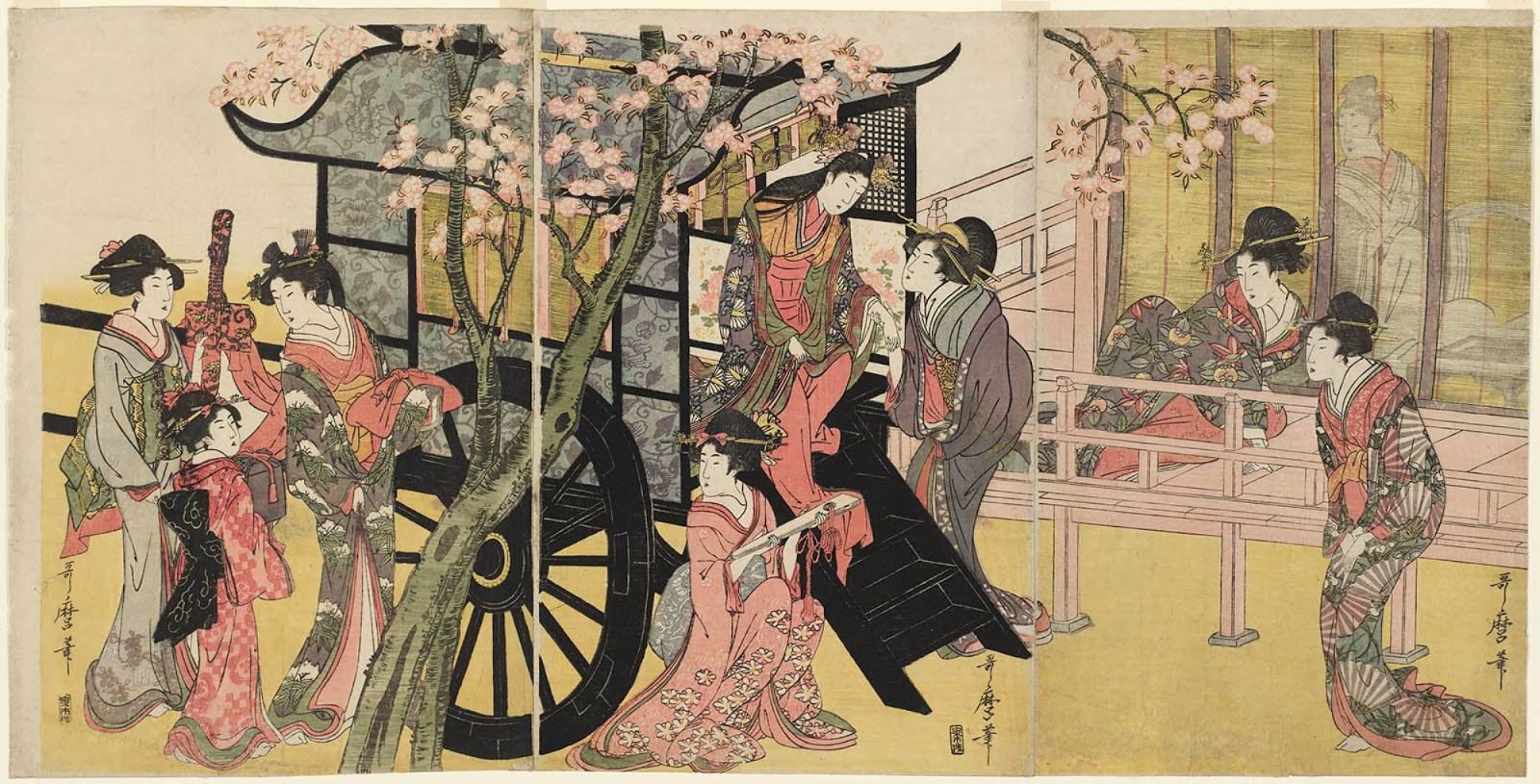 КИТАГАВА УТАМАРО KITAGAWA UTAMARO Триптих Принцесса, спускающаяся с повозки в сопровождении пяти фрейлин