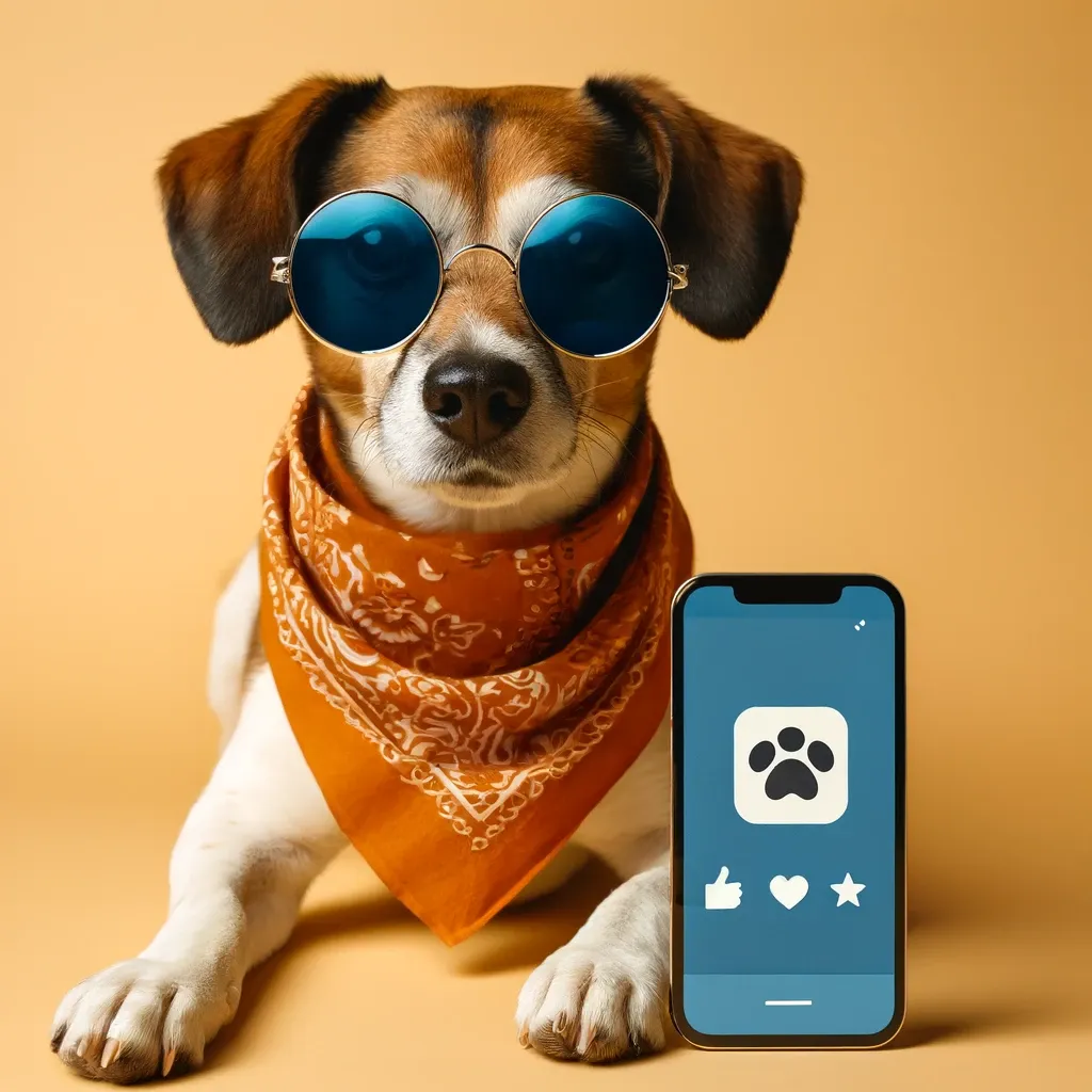 Dog wearing sunglasses and bandana, posing with a smartphone