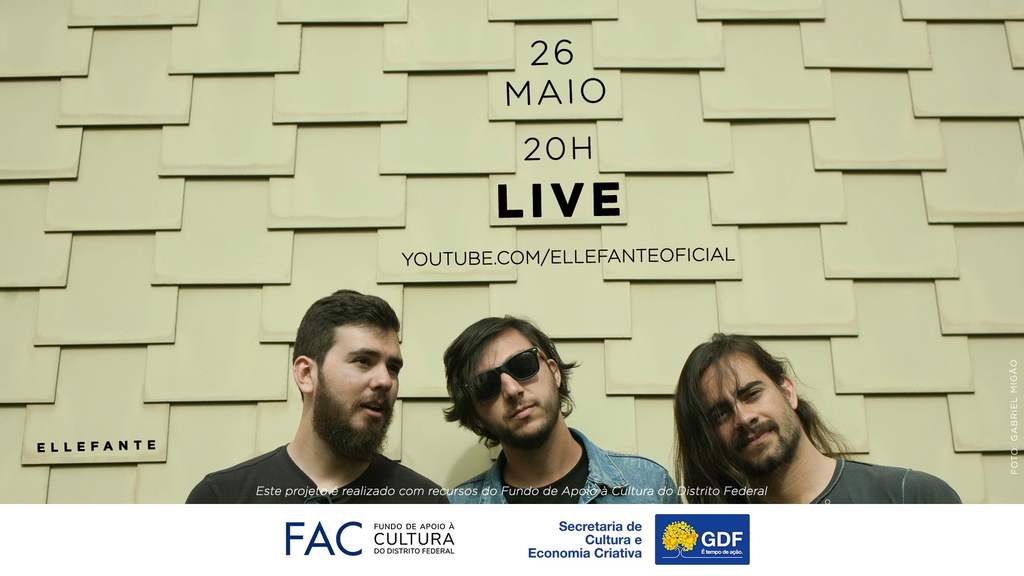 A banda brasiliense Ellefante fecha uma série de lives apresentando seu repertório e faixas inéditas em um show gratuito no próximo dia 26/05 (quarta-feira), às 20h, com contribuição voluntária. A apresentação plugada e em estúdio foi viabilizada com recursos do Fundo de Apoio à Cultura do governo do Distrito Federal.