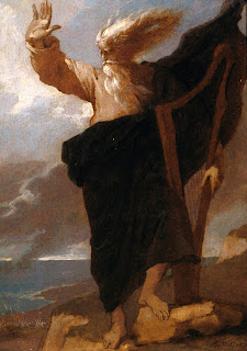 Painting of Merlin looking Moses-like