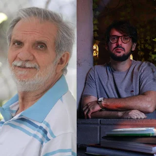 O escritor Tiago Germano (à direita) teve seu primeiro contato com a escrita criativa em uma oficina de Raimundo Carrero (à esquerda). Germano fez doutorado na área e tem cinco livros publicados.