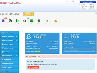 Publisher account dashboard of Star-Clicks