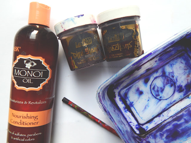 Hask Monoi oil conditioner, La Rice Directions in Dark Tulip, container,and stick.