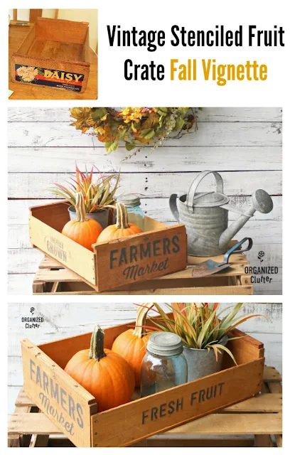 A Vintage Stenciled Fruit Crate Fall Vignette #stencil #fall #containervignette #cratevignette #vintage