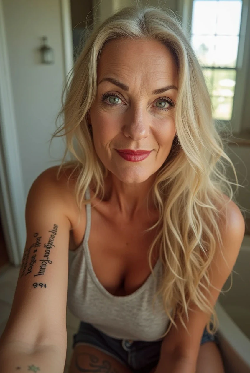 Mujer atractiva de 65 años con cabello rubio y tatuajes de letras álficas, capturando un selfie con una sonrisa en su rostro.