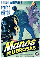 MANOS PELIGROSAS. Cartel: 70 x 100 cms. España. Cartelista: Josep Soligó. Imprenta: José Sabadell, Barcelona. MANOS PELIGROSAS. Pickup on South Street. 1953. Estados Unidos. Dirección: Samuel Fuller. Reparto: Richard Widmark, Jean Peters, Thelma Ritter, Richard Kiley, Murvyn Vye, Milburn Stone, Willis Bouchey, Harry Tenbrook, Parley Baer, Virginia Carroll, Wilson Wood.