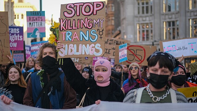 People holding signs at a trans rights rally; at center is person wearing a pink balaclava with sign that reads "Stop killing my trans siblings."