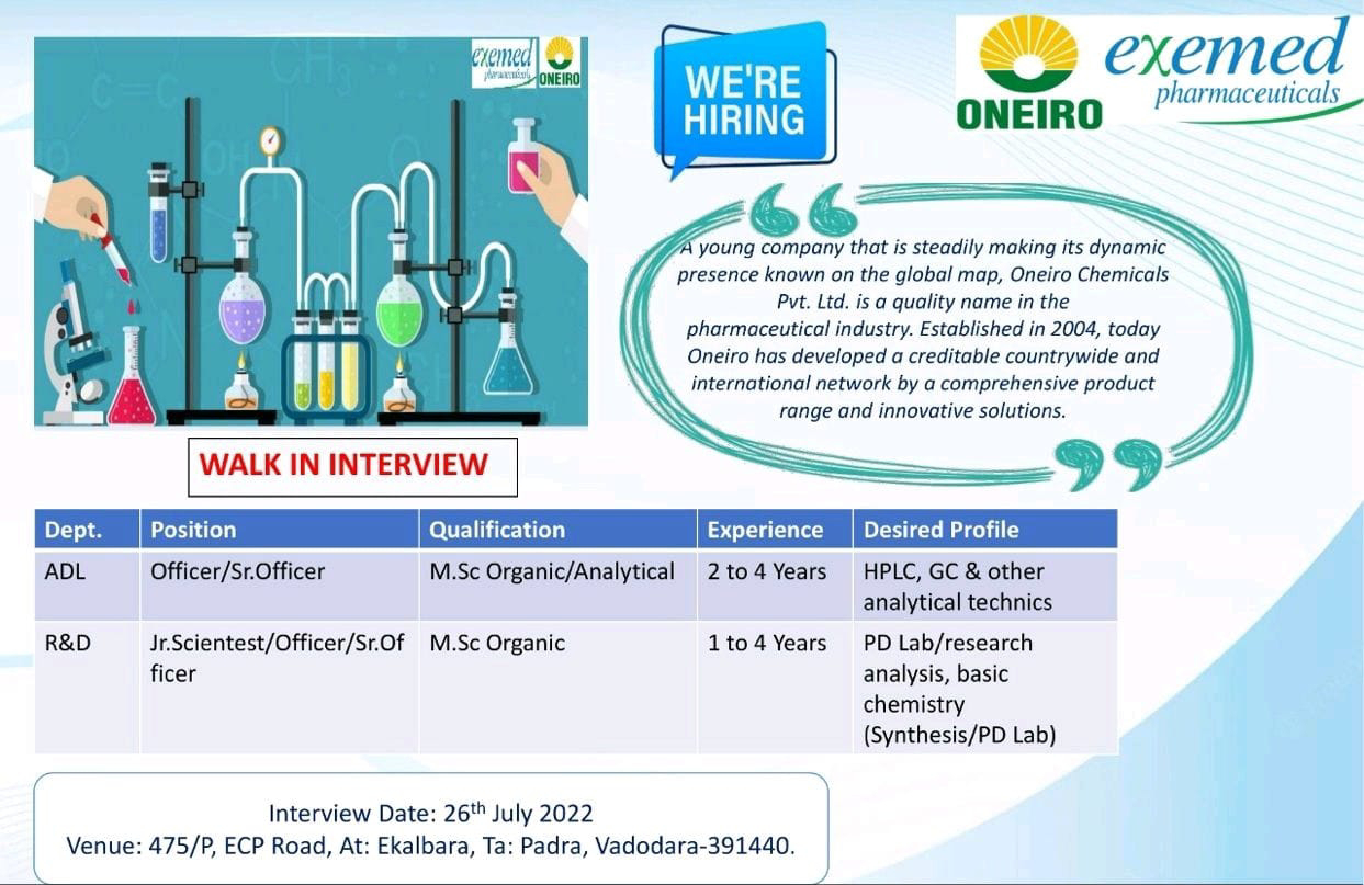 Job Available's for Oneiro Chemicals Pvt Ltd Walk-In Interview for MSc Organic Chemistry/Analytical Chemistry