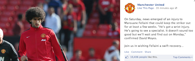 Manchester United Facebook fans rejoice to the news that Marouane Fellaini is injured