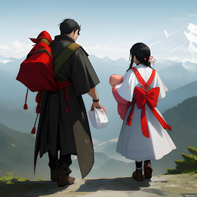 a model couple, carrying a new born baby, are looking toward to the high mountain, show the back, highly detailed, sharp focus